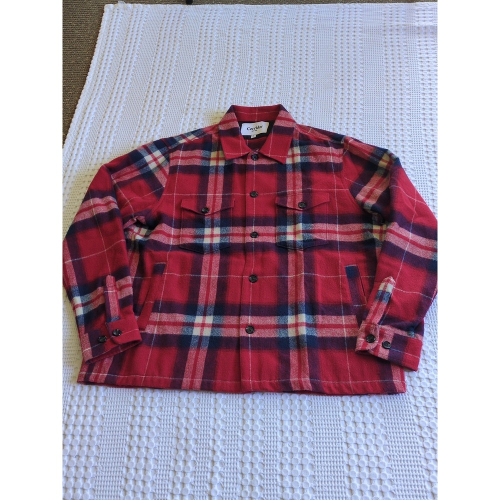 Corridor Ombre Plaid Military Merino Wool Shirt Jacket Red Size Large Button Up